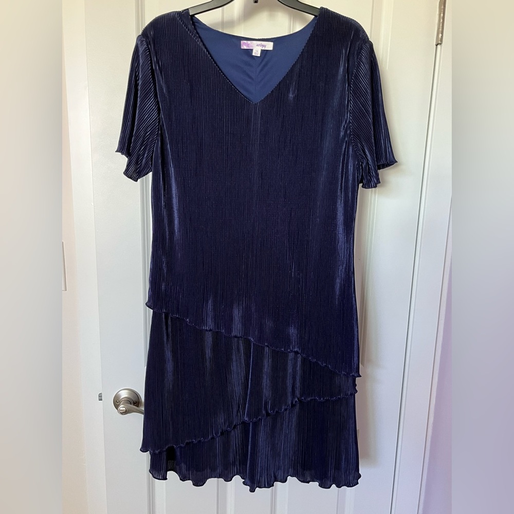 Beautiful dark blue dress.  never worn. Size 14. Wash and wear.
